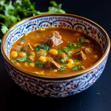 Traditional Moroccan Harira soup with lamb, chickpeas, lentils, and fresh herbs served in a clay bowl