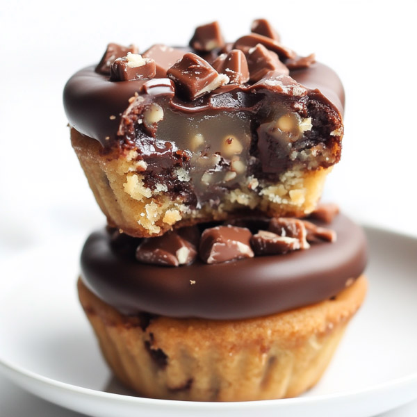 Golden turtle cookie cups filled with gooey caramel, melted chocolate, and topped with crunchy pecans.