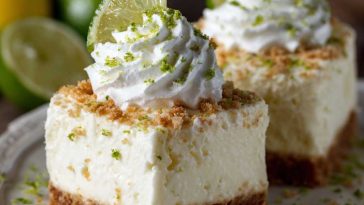 Key lime delight dessert with a graham cracker crust, creamy key lime filling, and whipped topping, garnished with lime zest and slices for a refreshing presentation.