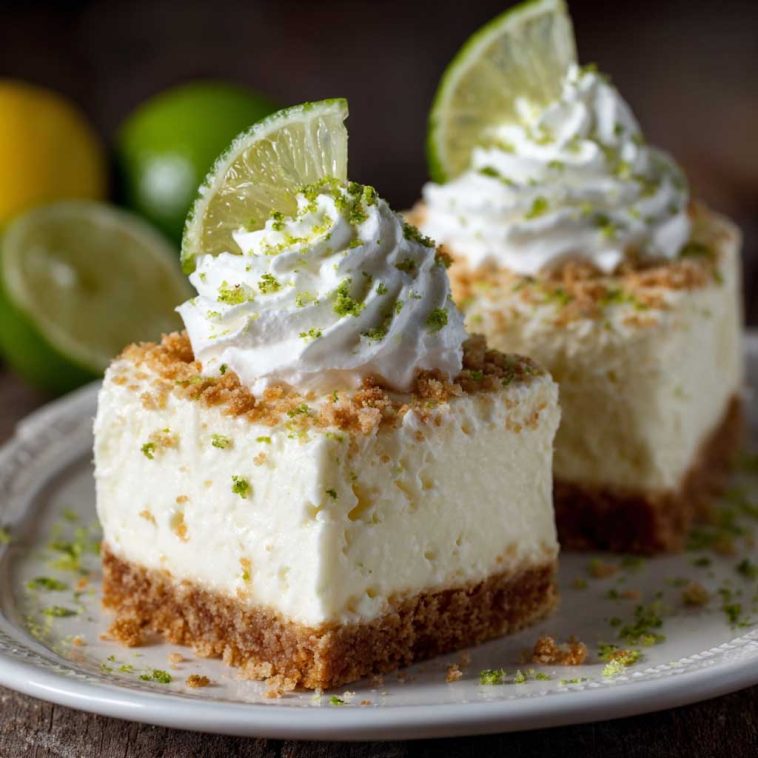 Key lime delight dessert with a graham cracker crust, creamy key lime filling, and whipped topping, garnished with lime zest and slices for a refreshing presentation.