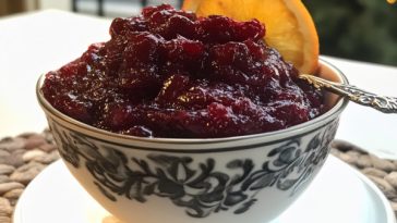Instant Pot cranberry sauce served in a bowl, garnished with orange zest and whole cranberries, glossy and vibrant.