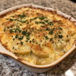 Creamy potato gratin baked golden brown in a casserole dish, with thinly sliced potatoes layered in a rich cream sauce, topped with melted cheese and fresh herbs.