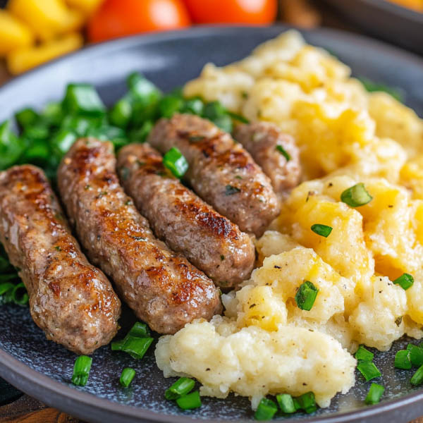 Homemade breakfast sausage patties cooked golden brown in a skillet, made with ground pork, herbs, and spices, served with eggs and toast.