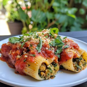 Vegan stuffed shells baked in a casserole dish, filled with creamy tofu ricotta, spinach, and herbs, topped with marinara sauce and melted dairy-free cheese.