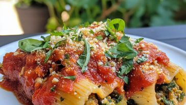 Vegan stuffed shells baked in a casserole dish, filled with creamy tofu ricotta, spinach, and herbs, topped with marinara sauce and melted dairy-free cheese.