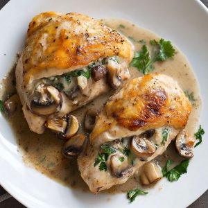 Juicy mushroom-stuffed chicken breast filled with sautéed mushrooms, garlic, and cheese, baked until golden and tender.