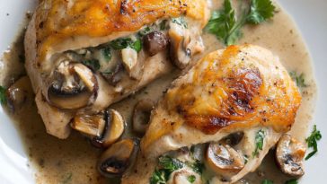 Juicy mushroom-stuffed chicken breast filled with sautéed mushrooms, garlic, and cheese, baked until golden and tender.