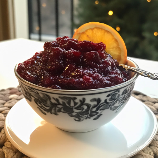 Instant Pot cranberry sauce served in a bowl, garnished with orange zest and whole cranberries, glossy and vibrant.