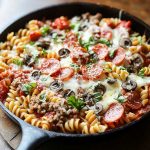 One-pan pizza pasta skillet mix prepared with penne pasta, marinara sauce, melted cheese, pepperoni, and vegetables, cooked together in a skillet for a cheesy, savory dish.