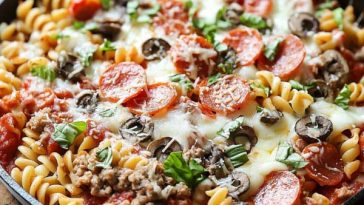 One-pan pizza pasta skillet mix prepared with penne pasta, marinara sauce, melted cheese, pepperoni, and vegetables, cooked together in a skillet for a cheesy, savory dish.