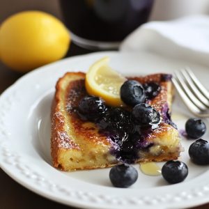Baked blueberry lemon French toast served in a casserole dish, topped with fresh blueberries, lemon zest, and dusted with powdered sugar.