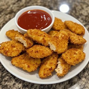 Baked chicken nuggets served on a plate, golden brown and crispy, paired with dipping sauces and garnished with parsley.