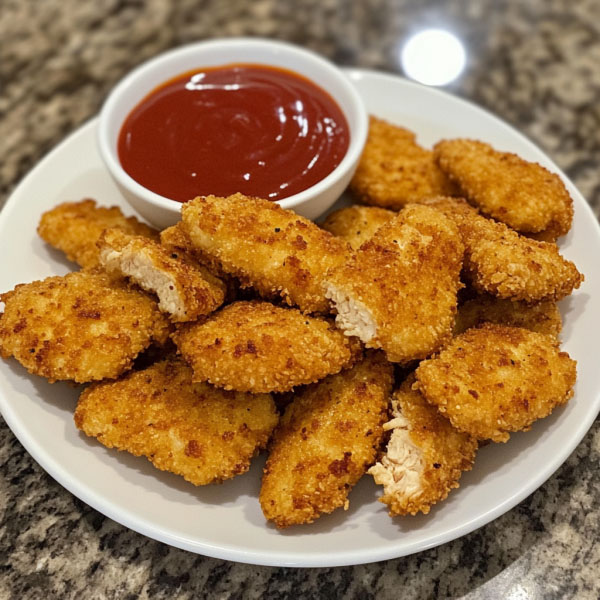 Baked chicken nuggets served on a plate, golden brown and crispy, paired with dipping sauces and garnished with parsley.