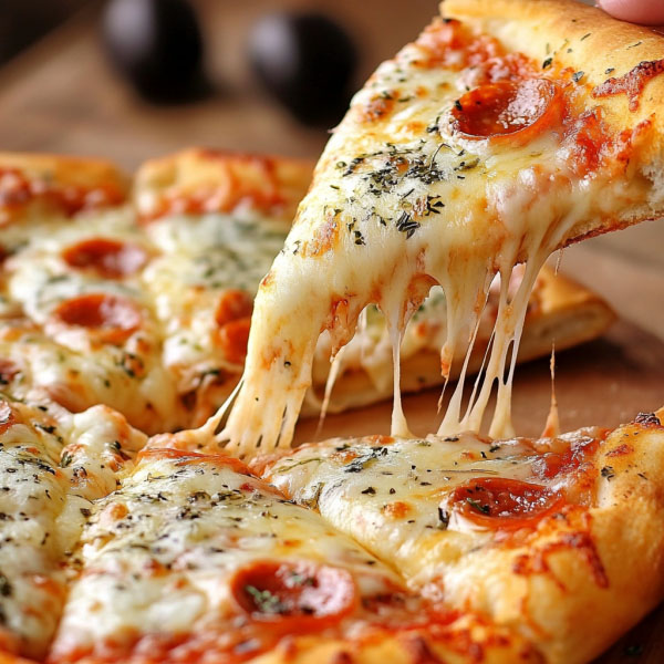Garlic Cheese Pizza Recipe with golden melted cheese, roasted garlic, and fresh herbs on a crispy crust, served on a wooden board.