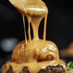 Homemade special burger sauce in a small bowl with spoon, surrounded by fresh burger ingredients