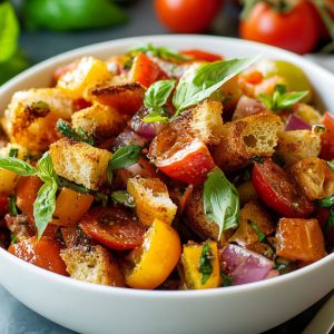 Rustic Italian Panzanella salad with juicy tomatoes, toasted bread cubes, cucumbers, red onions, and fresh basil served in a bowl.