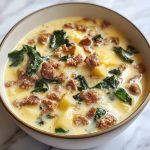 Creamy Zuppa Toscana soup with Italian sausage, potatoes, kale, and bacon served in a rustic bowl.