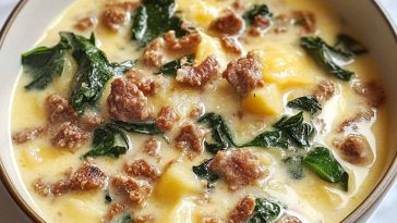 Creamy Zuppa Toscana soup with Italian sausage, potatoes, kale, and bacon served in a rustic bowl.