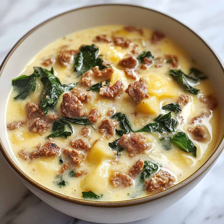 Creamy Zuppa Toscana soup with Italian sausage, potatoes, kale, and bacon served in a rustic bowl.