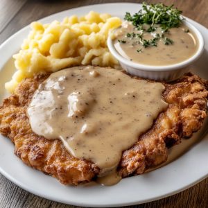 Chicken fried steak topped with creamy country gravy, served with mashed potatoes and garnished with fresh parsley on a rustic plate.