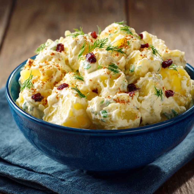 Classic potato salad with creamy dressing, tender potatoes, celery, onions, and herbs served in a bowl, garnished with paprika and parsley.