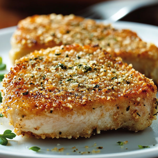 Golden brown Parmesan-crusted pork chops served on a plate with fresh herbs, crispy coating, and juicy interior, paired with roasted vegetables.