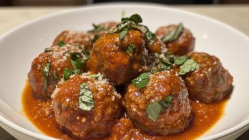 Excellent homemade meatballs served in marinara sauce, garnished with fresh basil and Parmesan cheese, perfect for pasta or appetizer dishes.