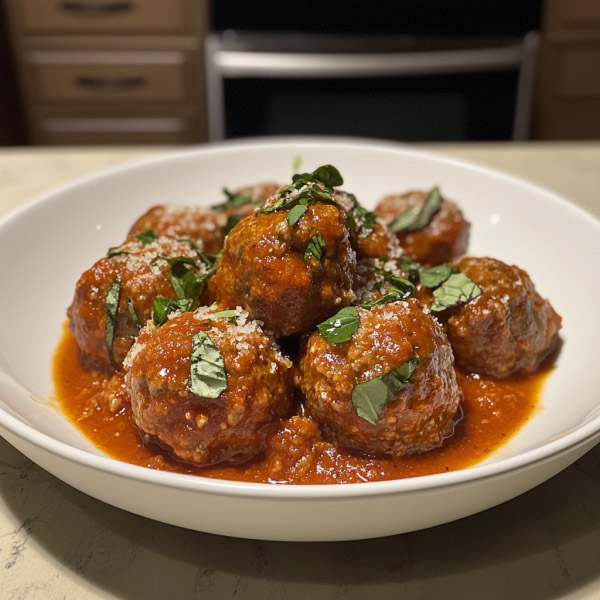 Excellent homemade meatballs served in marinara sauce, garnished with fresh basil and Parmesan cheese, perfect for pasta or appetizer dishes.