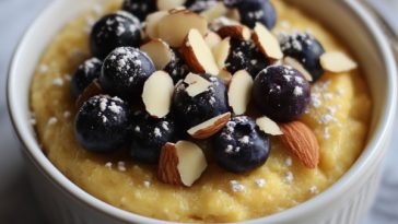 Blueberry almond breakfast polenta served in a bowl, topped with fresh blueberries, sliced almonds, and a drizzle of honey for a wholesome morning meal.