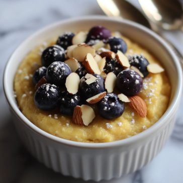 Blueberry almond breakfast polenta served in a bowl, topped with fresh blueberries, sliced almonds, and a drizzle of honey for a wholesome morning meal.