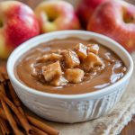 Hot caramel apple dip served warm in a baking dish, topped with gooey caramel, melted cream cheese, and diced apples, paired with graham crackers and apple slices for dipping.