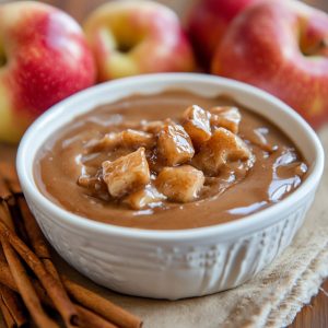 Hot caramel apple dip served warm in a baking dish, topped with gooey caramel, melted cream cheese, and diced apples, paired with graham crackers and apple slices for dipping.