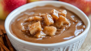 Hot caramel apple dip served warm in a baking dish, topped with gooey caramel, melted cream cheese, and diced apples, paired with graham crackers and apple slices for dipping.