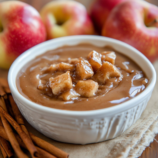 Hot caramel apple dip served warm in a baking dish, topped with gooey caramel, melted cream cheese, and diced apples, paired with graham crackers and apple slices for dipping.