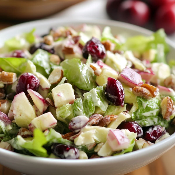Cranberry Waldorf salad with fresh cranberries, apples, grapes, celery, and walnuts tossed in a creamy dressing, served in a festive bowl.