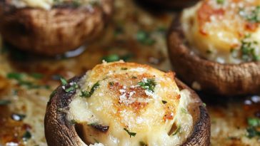 “Golden roasted mushrooms coated in garlic butter, garnished with fresh parsley.”