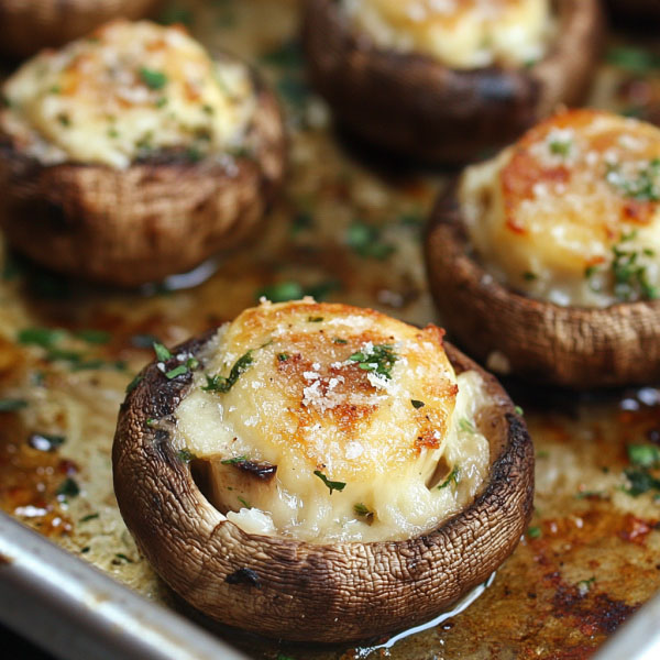 “Golden roasted mushrooms coated in garlic butter, garnished with fresh parsley.”