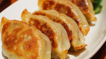 "Pan-fried vegetable dumplings (potstickers) with golden crispy bottoms served with soy dipping sauce"