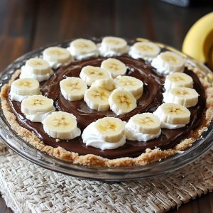 Chocolate banana cream pie topped with whipped cream and chocolate shavings, layered with rich chocolate filling and fresh banana slices in a flaky crust.