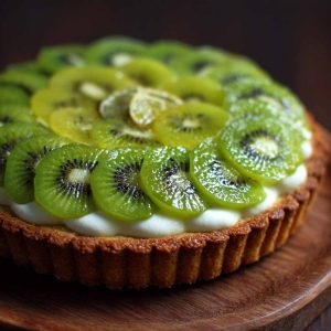 Key lime kiwi tart with a buttery crust, creamy key lime filling, and fresh kiwi slices arranged beautifully on top, garnished with lime zest for a refreshing dessert.
