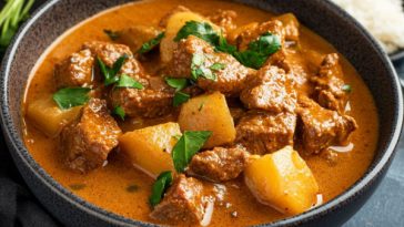 Rich and creamy beef massaman curry with tender beef chunks, potatoes, peanuts, and aromatic Thai spices served in a bowl with rice.