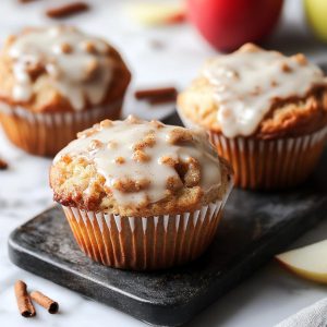Vanilla glazed apple cinnamon muffins baked golden brown, topped with a sweet vanilla glaze, filled with tender apple chunks and warm cinnamon spice, served on a rustic tray.