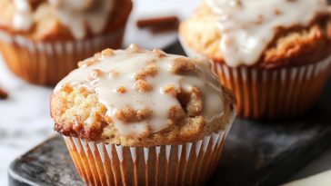 Vanilla glazed apple cinnamon muffins baked golden brown, topped with a sweet vanilla glaze, filled with tender apple chunks and warm cinnamon spice, served on a rustic tray.