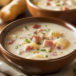 Potato ham chowder served in a rustic bowl with creamy broth, tender potatoes, savory ham chunks, carrots, celery, and herbs, garnished with parsley.