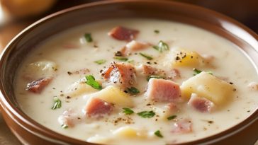 Potato ham chowder served in a rustic bowl with creamy broth, tender potatoes, savory ham chunks, carrots, celery, and herbs, garnished with parsley.