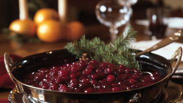 Homemade cranberry orange sauce served in a rustic bowl, made with fresh cranberries, orange zest, and sugar, garnished with orange slices and mint.
