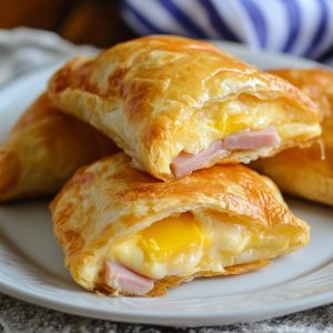 Ham egg and cheese pockets baked golden brown, filled with scrambled eggs, diced ham, and melted cheese, served warm on a breakfast plate.