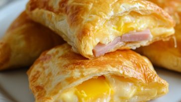 Ham egg and cheese pockets baked golden brown, filled with scrambled eggs, diced ham, and melted cheese, served warm on a breakfast plate.