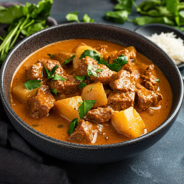 Rich and creamy beef massaman curry with tender beef chunks, potatoes, peanuts, and aromatic Thai spices served in a bowl with rice.