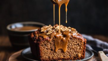 Golden slices of spiced dulce de leche banana bread with a caramel swirl, topped with a drizzle of dulce de leche and sprinkled with cinnamon.
